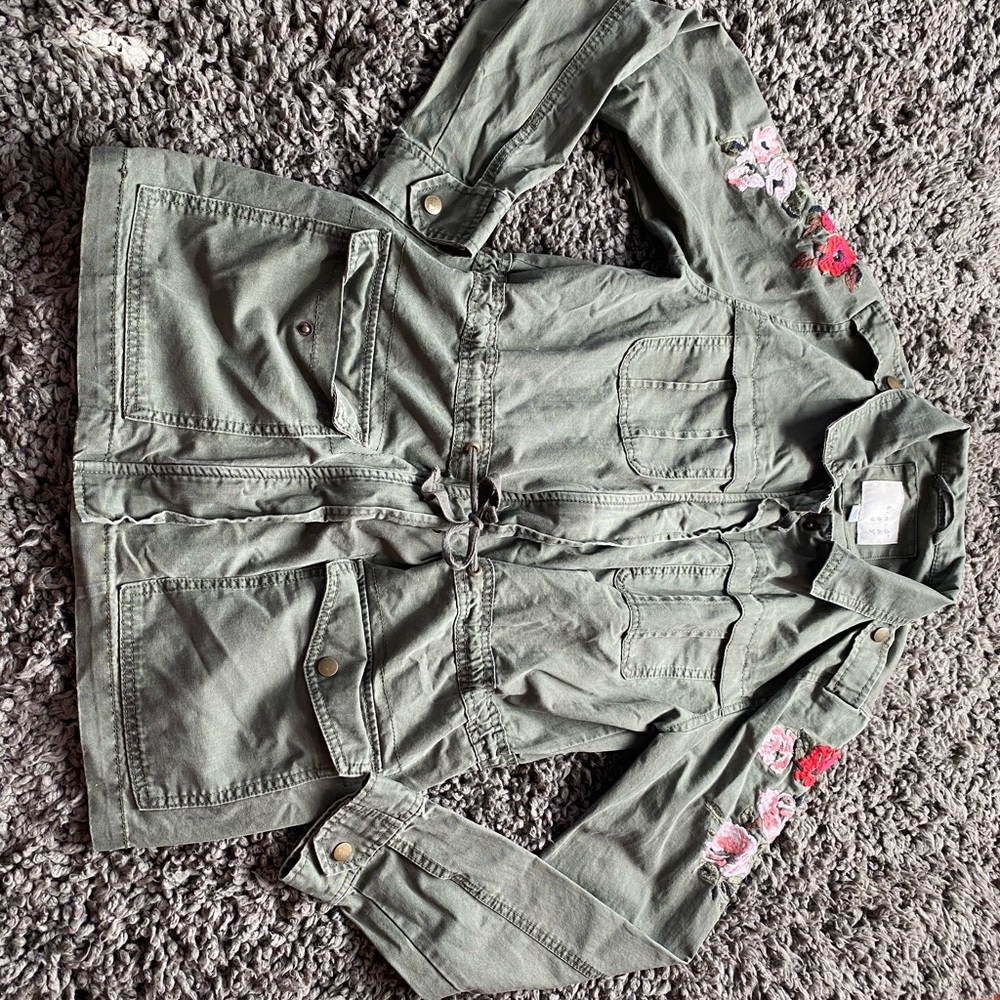 Green jean jacket, rose embroidery